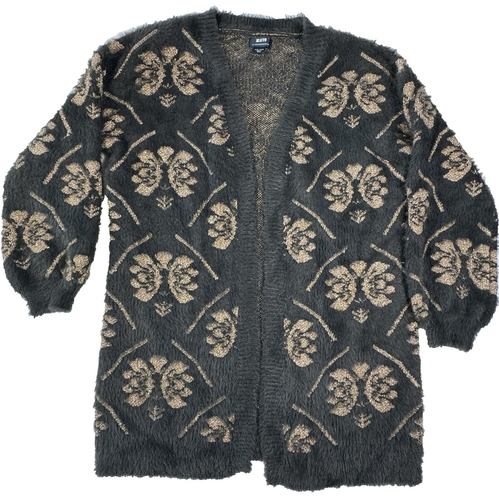 Maeve Anthropologie Damask Eyelash Knit Cardigan Women OS‎ Gray Gold Metallic